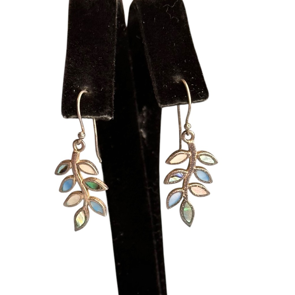 Vintage Sterling Silver Abalone MOP Inlay Vine Leaf Dangle Earrings